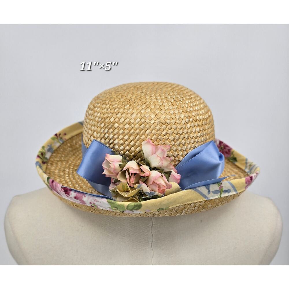 Vintage 90's Straw Hat‎ with Floral Trim & Ribbon